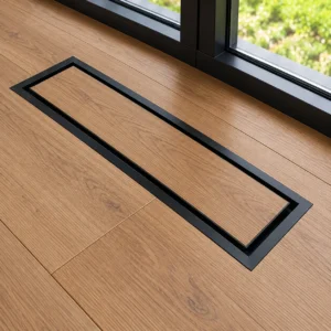 Black extra-long floor vent cover installed in warm oak flooring